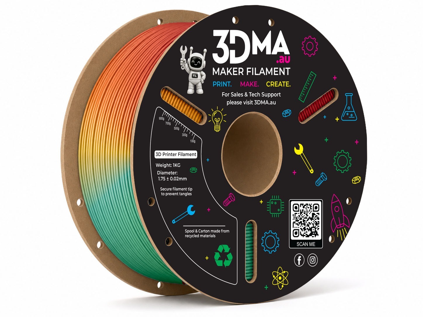 3DMA Rainbow-Silk PLA Tutti Frutti 3D printer filament spool