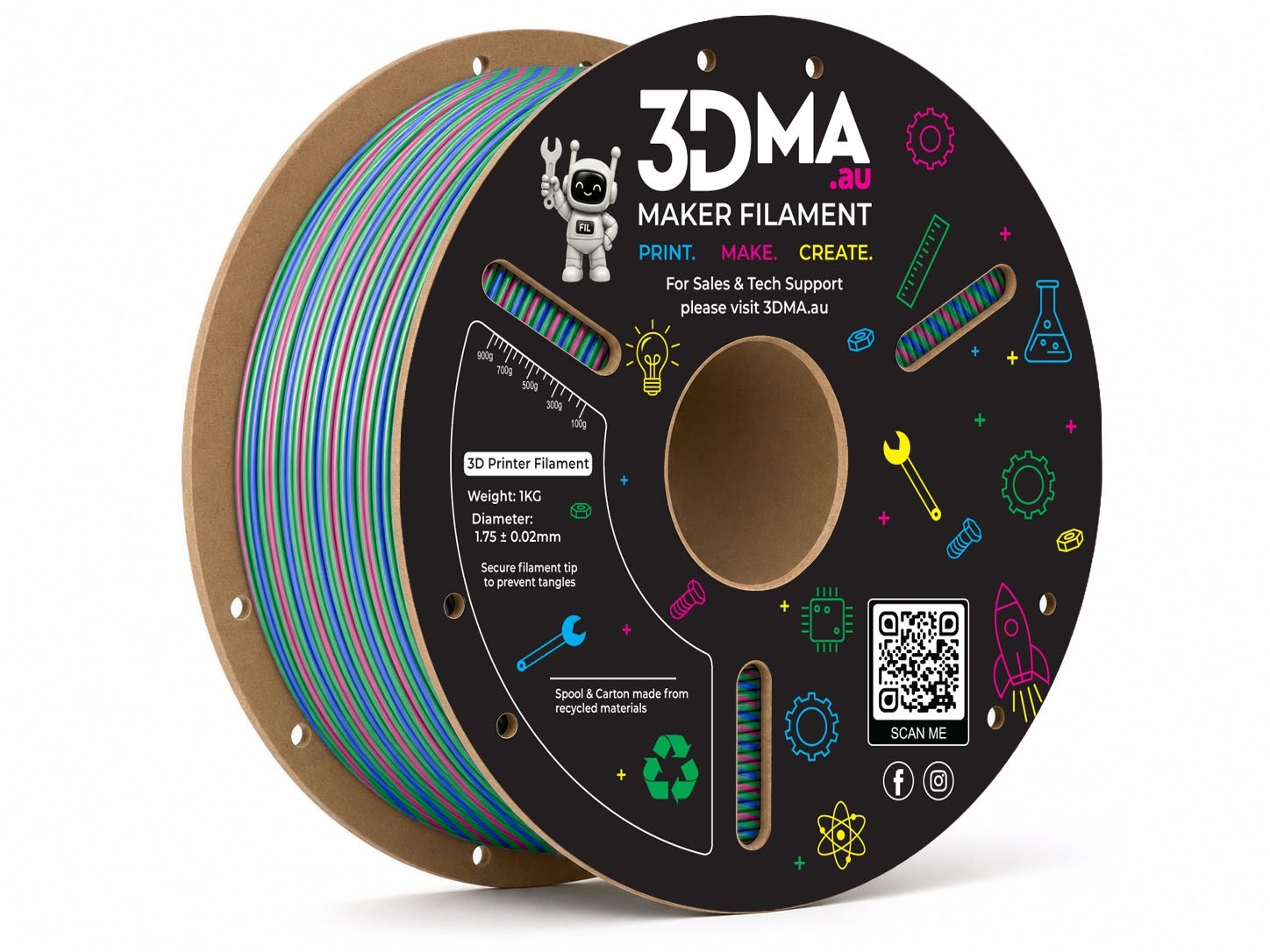 3DMA 3DMA - Tri-Silk PLA - Green/Blue/Rose - 1.75 mm - 1000 g